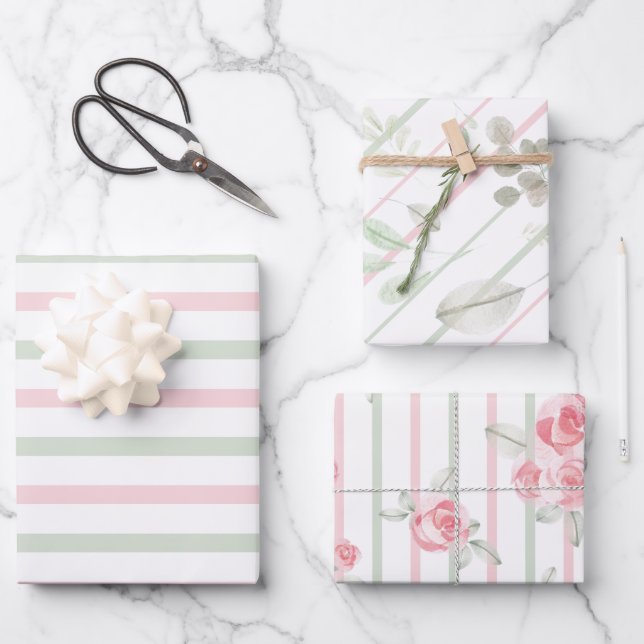 Watercolour Floral Pretty Blush Sage Wrapping Paper Sheets (Front)