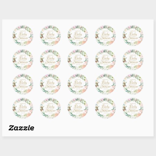 Watercolour Floral Rose Gold Script Baby Shower Classic Round Sticker ...