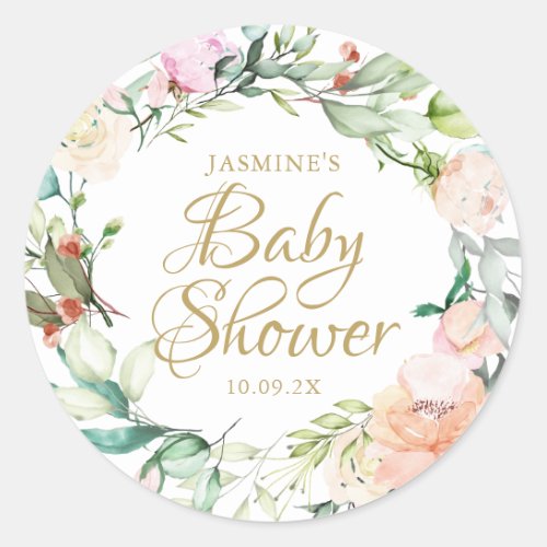 Watercolour Floral Rose Gold Script Baby Shower Classic Round Sticker
