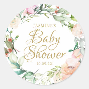 Watercolour Floral Rose Gold Script Baby Shower Classic Round Sticker