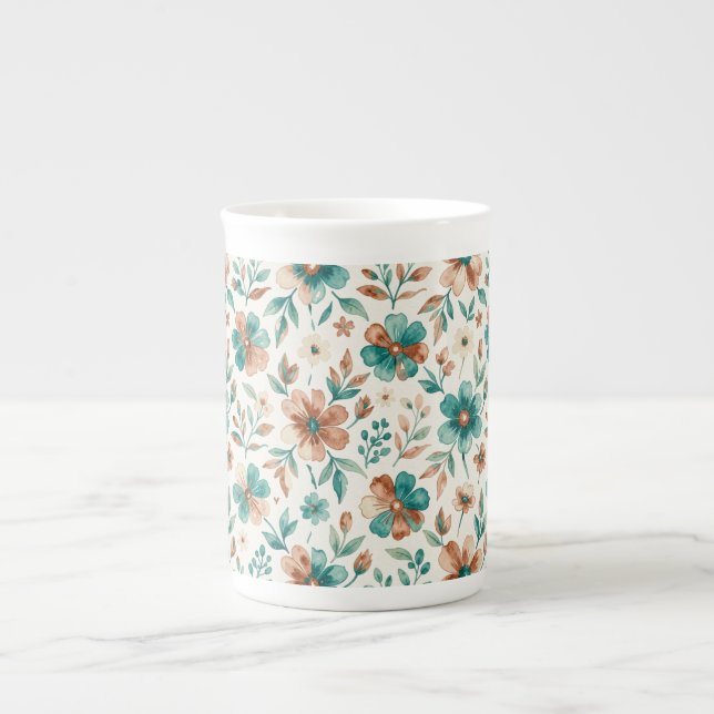 Watercolour Floral Teal Copper  Bone China Mug (Front)