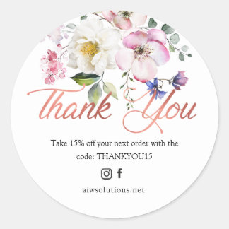 Watercolour flower and rose gold thank you round s classic round sticker