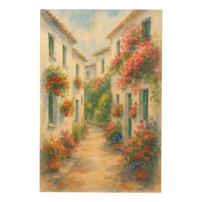 Watercolour Flowered Alleyway of a Mallorca  Wood Wall Art (Front)