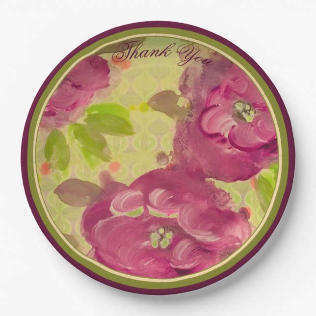 Watercolour Flowered Plates In Burgundy and Olive (Front)