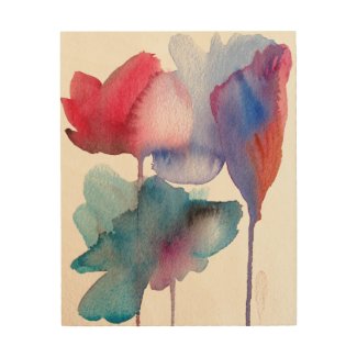 Watercolour flowers blue and crimson modern floral wood print
