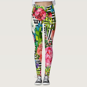 Watercolour Flowers Geometric Black White Pattern Leggings