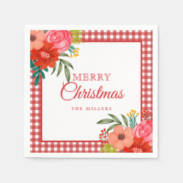 Watercolour Flowers Red Gingham Rustic Christmas Napkins
