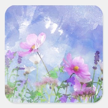 Watercolour Flowers Square Sticker by Brouhaha_Bazaar at Zazzle