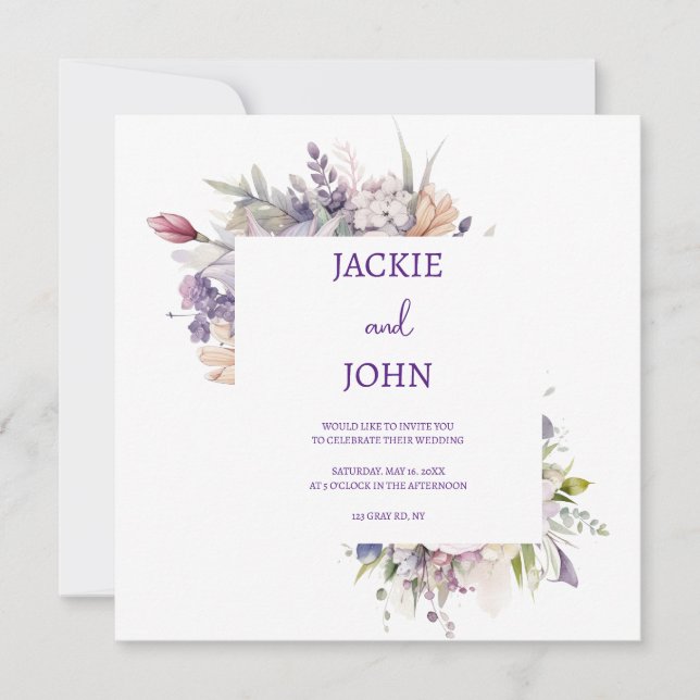 Watercolour flowers. Wedding. Invitation (Front)