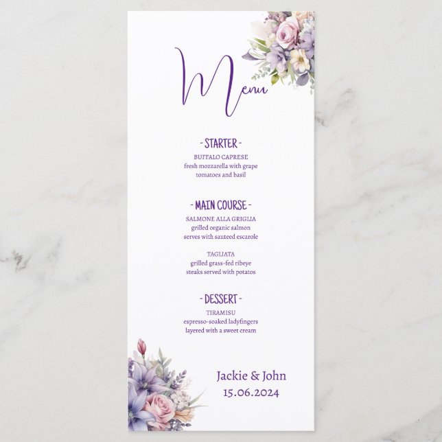 Watercolour flowers. Wedding. Menu (Front)