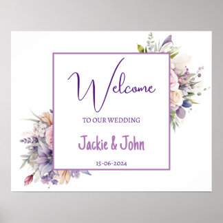 Watercolour flowers. Wedding Welcome Sign. Poster