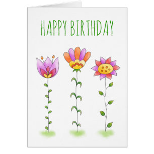 Watercolour Flowers Whimsical Happy Birthday Card