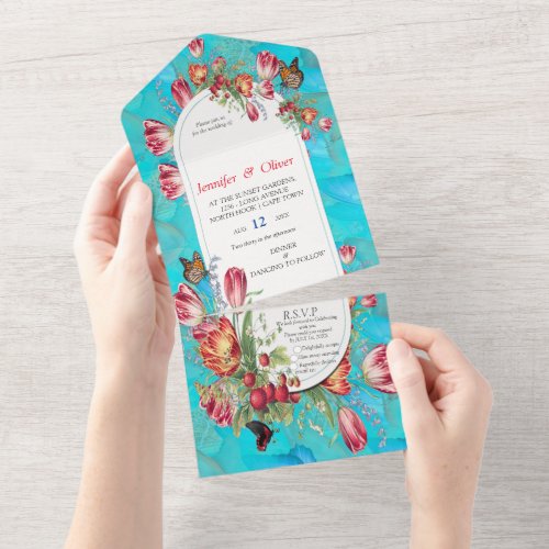Watercolour Flowers with Visiting Butterflies All All In One Invitation