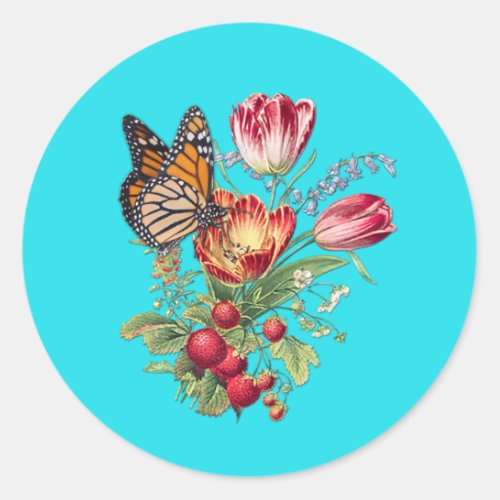 Watercolour Flowers with Visiting Butterflies Classic Round Sticker