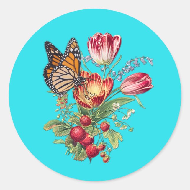 Watercolour Flowers with Visiting Butterflies Classic Round Sticker (Front)