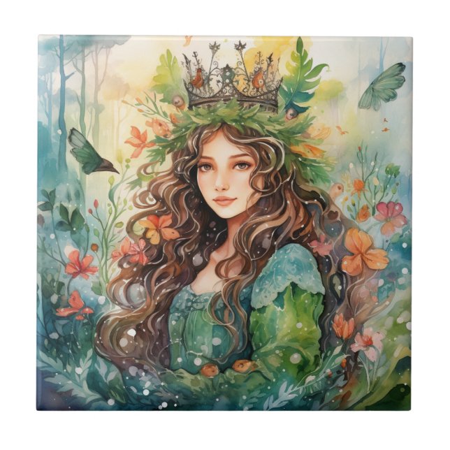 Watercolour Forest Princess Ceramic Tile (Front)