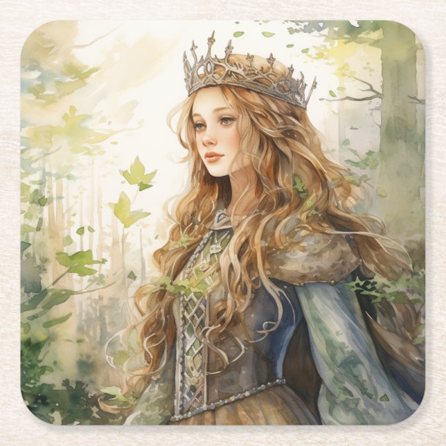 Watercolour Forest Princess Square Paper Coaster (Front)