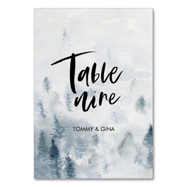 Watercolour Forest Wedding table cards - table 9 (Front)