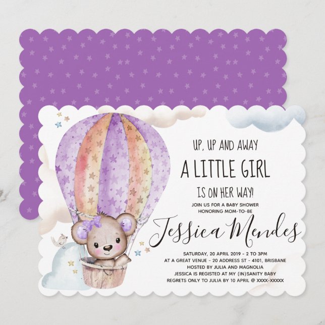 Watercolour Girl Teddy Bear Baby Shower Invitation (Front/Back)