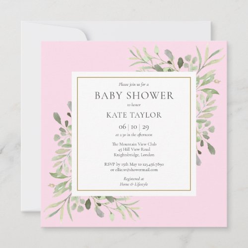 Watercolour Gold Greenery Pink Baby Girl Shower Invitation