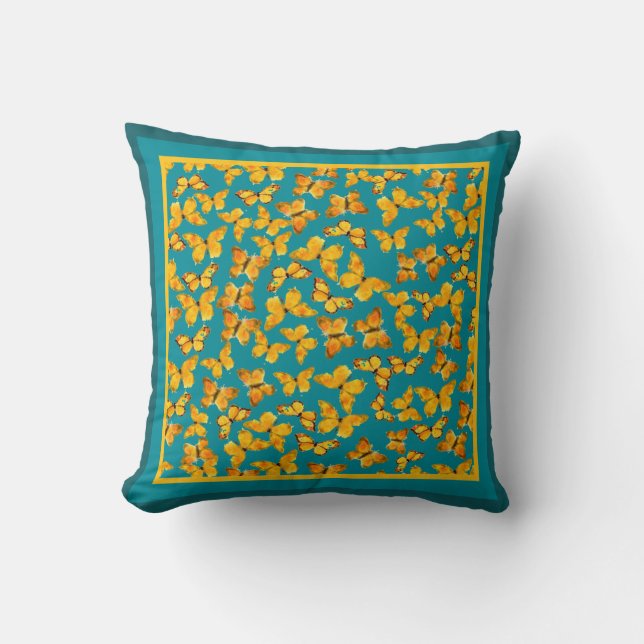 Watercolour Golden Butterflies on Teal Throw Pillow (Front)
