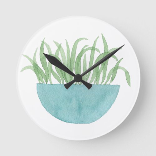 Watercolour Grass Pot Plant _ Plant Lovers Round Clock