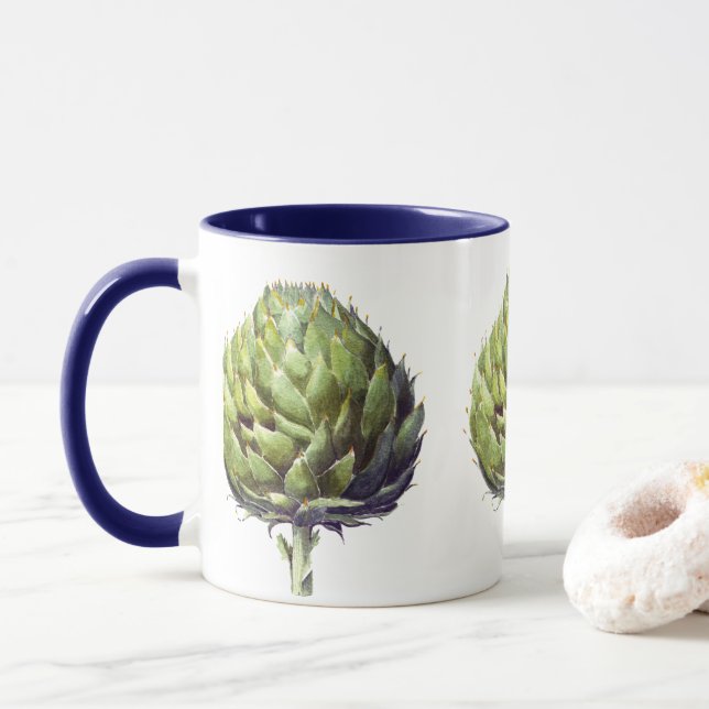 Watercolour green artichoke art mug (With Donut)