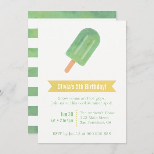 Watercolour Green Ice Pop Lolly Birthday Party Invitation