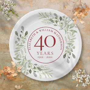 Watercolour Greenery 40th Wedding Anniversary Paper Plates