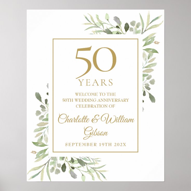 Watercolour Greenery 50th Anniversary Welcome Sign | Zazzle