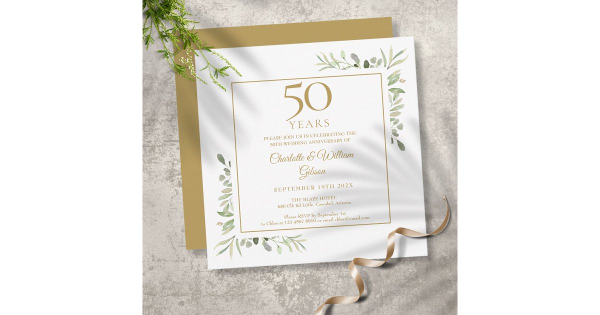 Watercolour Greenery 50th Wedding Anniversary Invitation | Zazzle