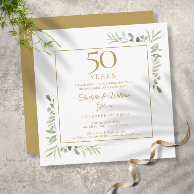 Watercolour Greenery 50th Wedding Anniversary Invitation | Zazzle