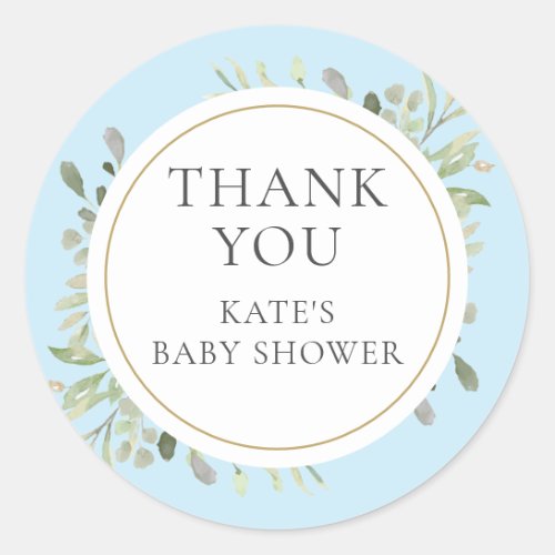 Watercolour Greenery Baby Boy Shower Thank You Classic Round Sticker