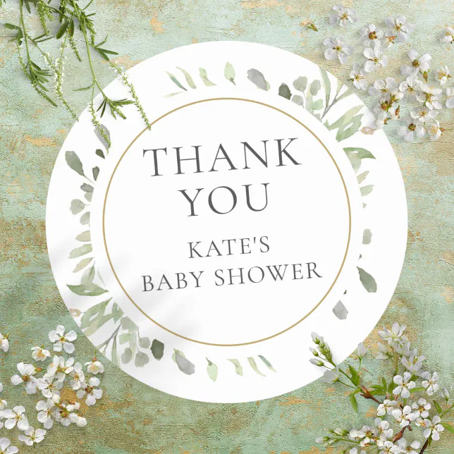 Watercolour Greenery Baby Shower Thank You Classic Round Sticker | Zazzle