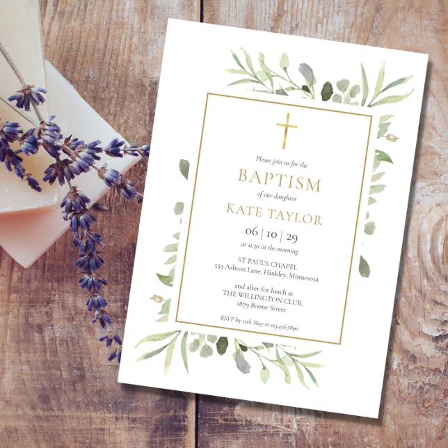 Watercolour Greenery Baptism Christening Invitation | Zazzle