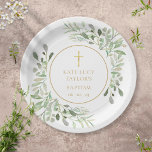 Watercolour Greenery Baptism | Christening Paper Plates<br><div class="desc">Featuring delicate watercolour leaves and an elegant gold crucifix,  this chic gender neutral baptism or christening plate can be personalised with your special event information. Designed by Thisisnotme©</div>