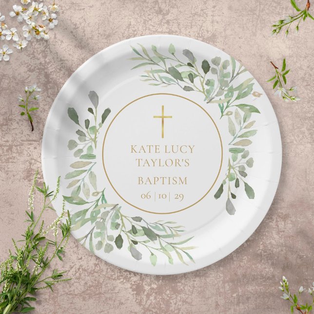 Watercolour Greenery Baptism | Christening Paper Plates (Creator Uploaded)