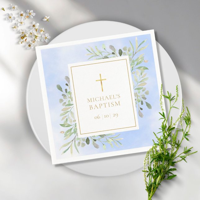 Watercolour Greenery Blue Baptism Christening Napkins (Creator Uploaded)