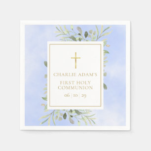 Watercolour Greenery Blue First Holy Communion Napkins