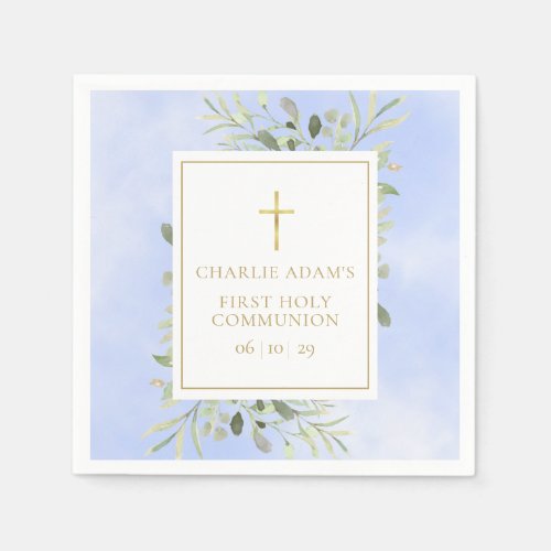 Watercolour Greenery Blue First Holy Communion Napkins