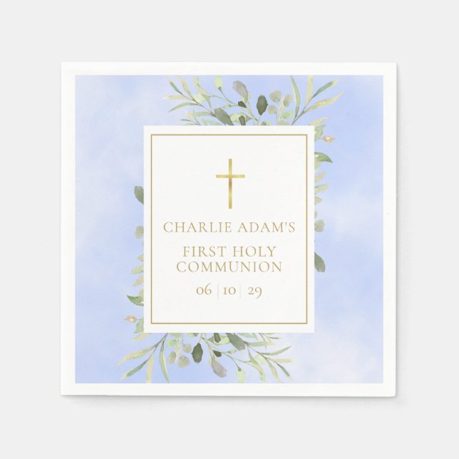 Watercolour Greenery Blue First Holy Communion Napkins (Front)