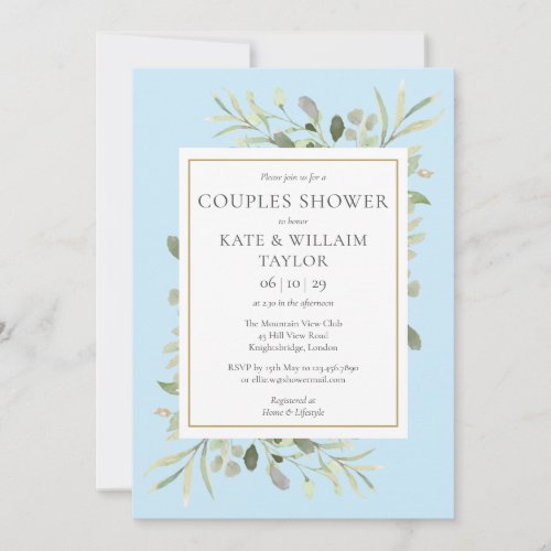 Watercolour Greenery Couples Blue Baby Boy Shower Invitation