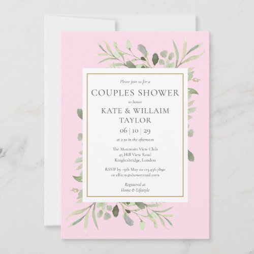 Watercolour Greenery Couples Pink Baby Girl Shower Invitation