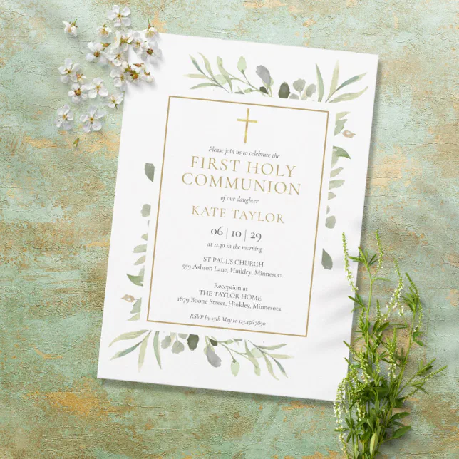 Watercolour Greenery First Holy Communion Invitation | Zazzle