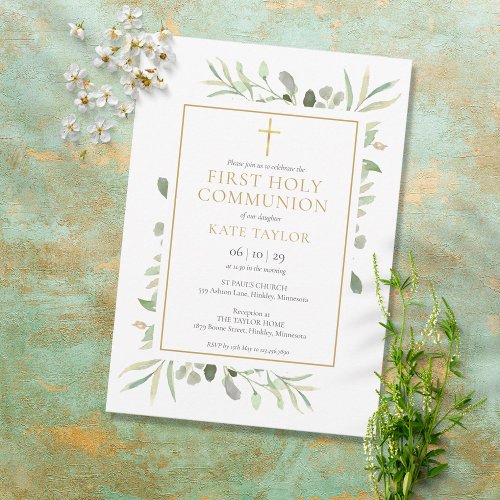 Watercolour Greenery First Holy Communion Invitation