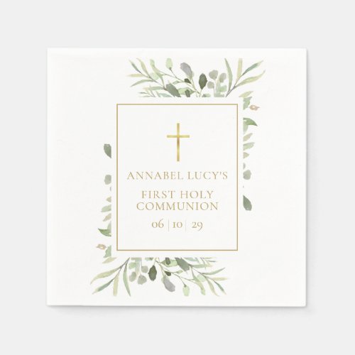 Watercolour Greenery First Holy Communion Napkins