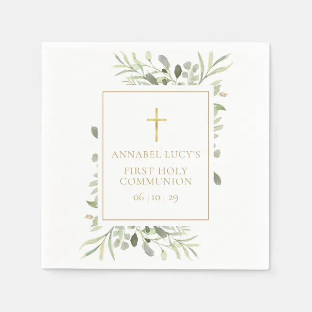 Watercolour Greenery First Holy Communion Napkins | Zazzle