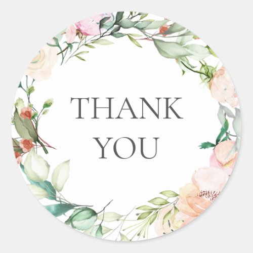 Watercolour Greenery Floral Thank You Classic Round Sticker