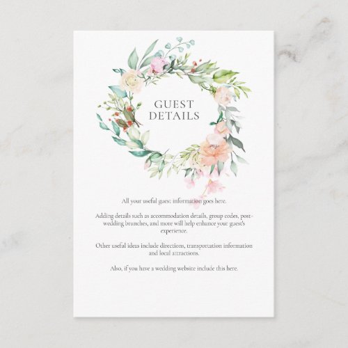 Watercolour Greenery  Guest Information Details Enclosure Card