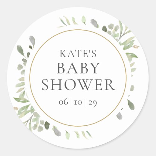 Watercolour Greenery Leaves Baby Shower Classic Round Sticker